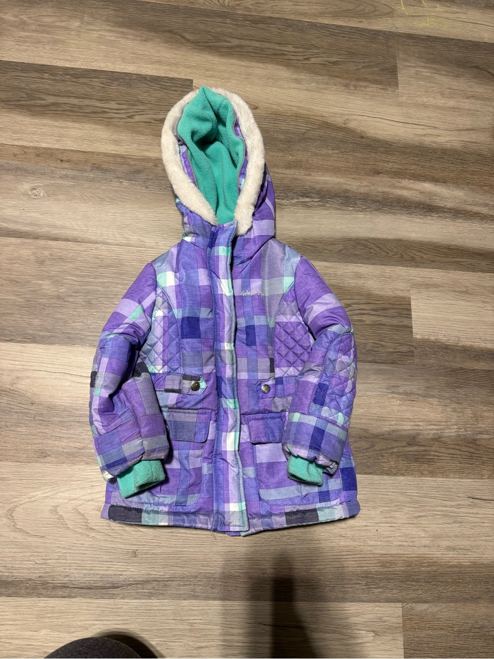 OshKosh B'gosh Purple Plaid Hooded Puffer Coat with Teal Lining